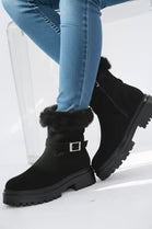 Black Faux Fur Collar Buckle Ankle Boot