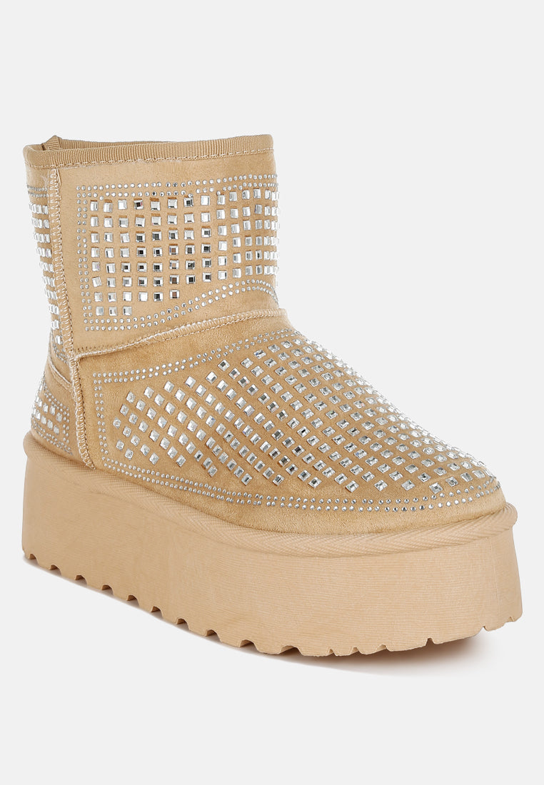 Xoras Rhinestone Chunky Ankle Boots – Flatform Heel
