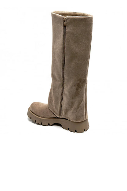 KHAKI FLARED PLATFORM KNEE HIGH FLAT BOOTS