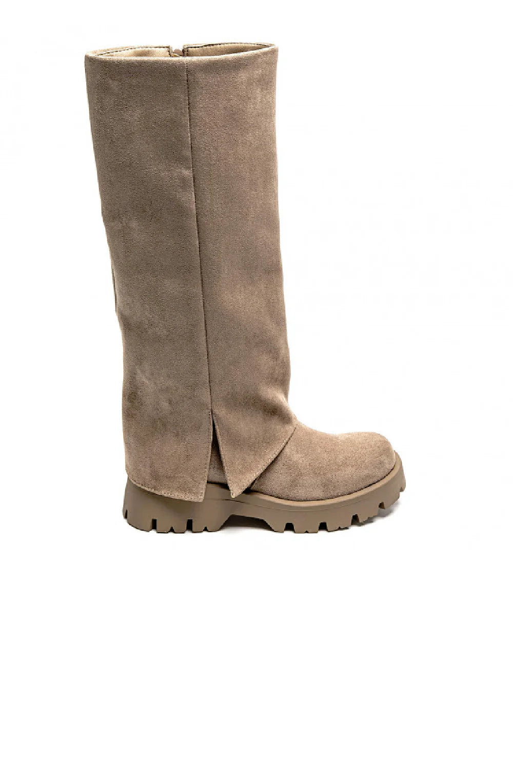 KHAKI FLARED PLATFORM KNEE HIGH FLAT BOOTS