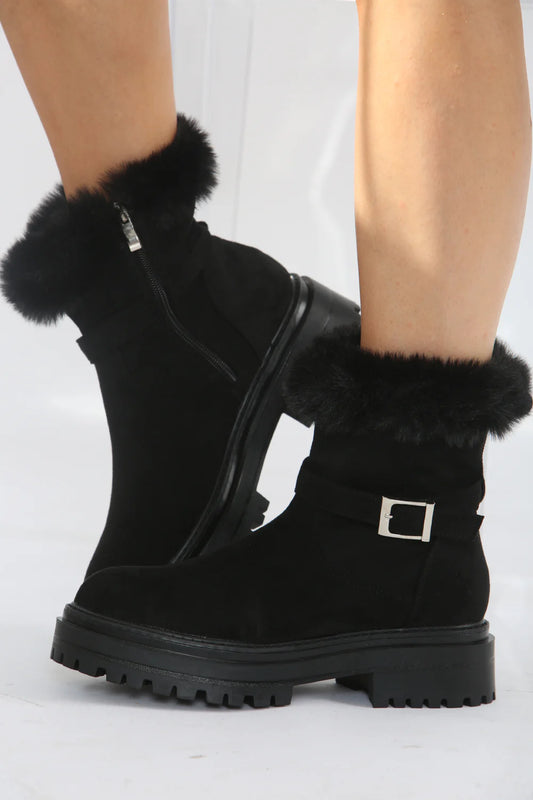 Black Faux Fur Collar Buckle Ankle Boot
