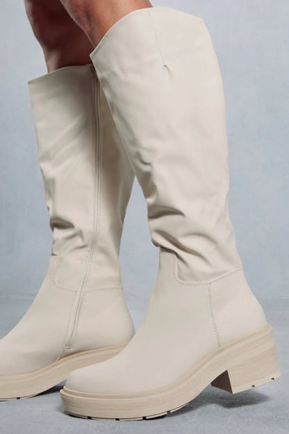 Cream PU Knee High Heeled Biker Boot