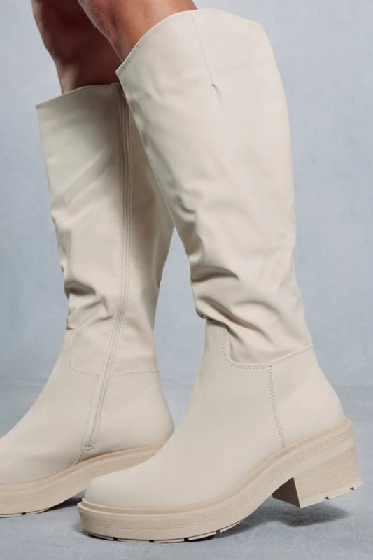 Cream PU Knee High Heeled Biker Boot
