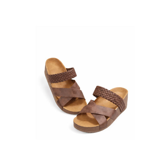 Brown Braided PU Leather Platform Slippers