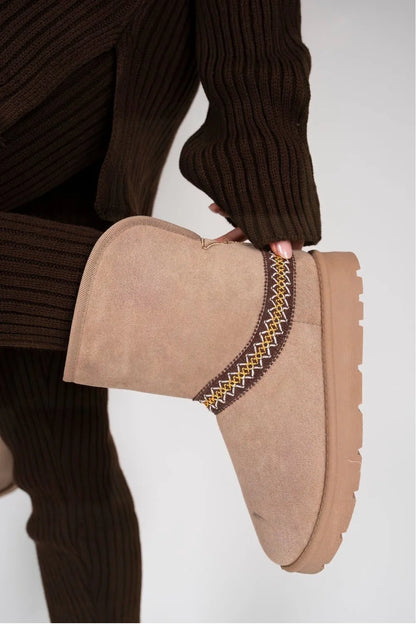 CAMEL FOLD OVER EMBROIDED AZTEC DETAIL FULLY FUR LINED BOOT