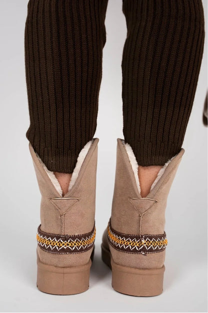 CAMEL FOLD OVER EMBROIDED AZTEC DETAIL FULLY FUR LINED BOOT