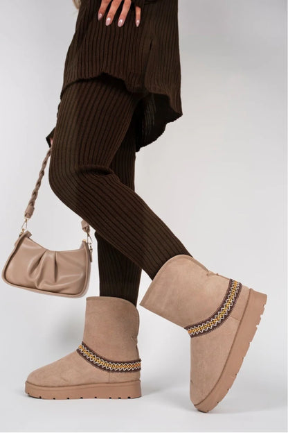 CAMEL FOLD OVER EMBROIDED AZTEC DETAIL FULLY FUR LINED BOOT