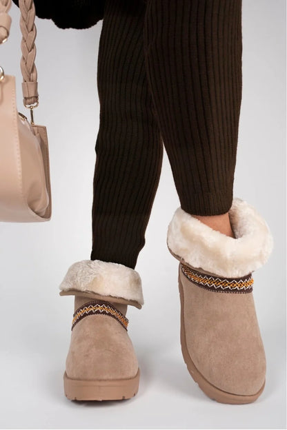 CAMEL FOLD OVER EMBROIDED AZTEC DETAIL FULLY FUR LINED BOOT