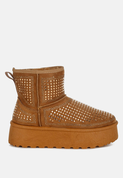 Xoras Rhinestone Chunky Ankle Boots – Flatform Heel