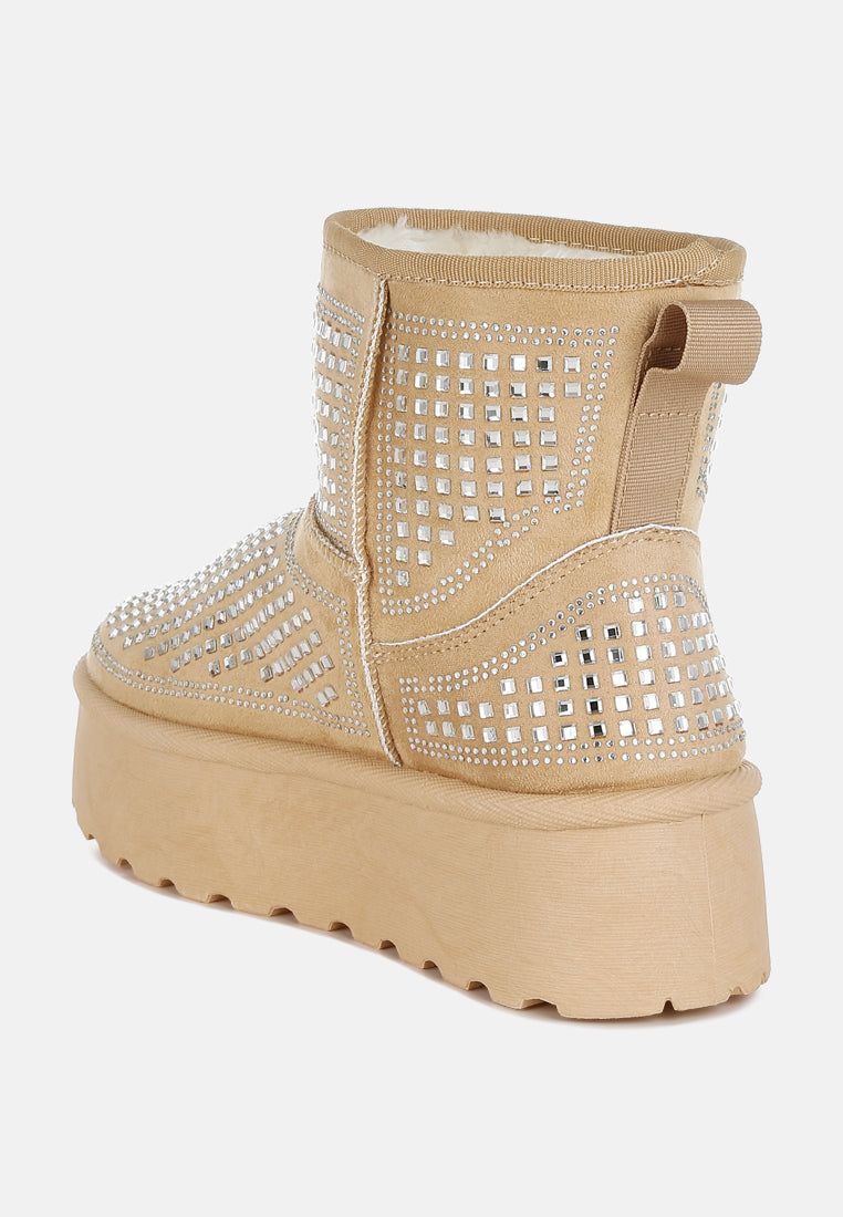 Xoras Rhinestone Chunky Ankle Boots – Flatform Heel