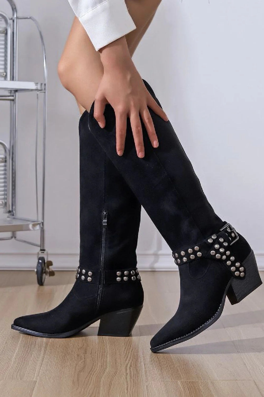 BLACK SUEDE BLOCK HEEL BUCKLE DETAIL COWBOY BIKER KNEE HIGH BOOTS