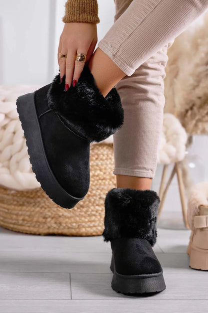 BLACK SUEDE CHUNKY PLATFORM FAUX FUR SNOW BOOTS